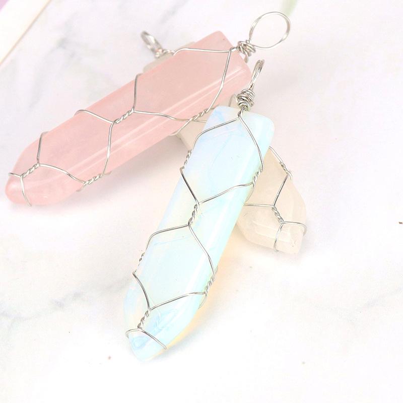 Handmade Sword-Shaped Amethyst Agate Crystal Mesh Bag Pendant Necklace