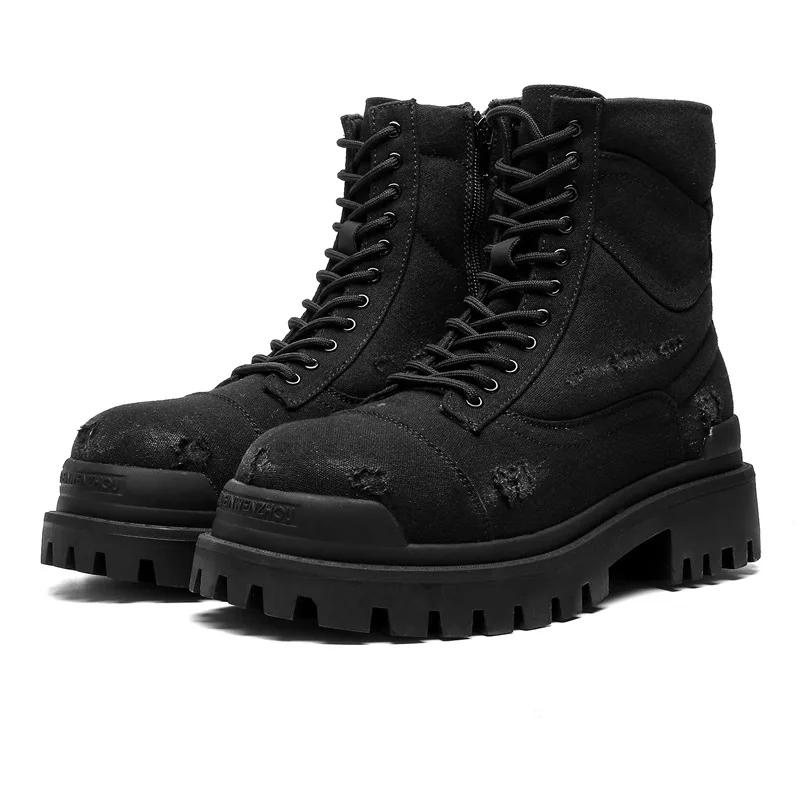 Autumn Winter High-top Motorcycle Boots for Men Lace-up Do-the-old Thick Bottom Short Ankle Boots with Zipper Man Black Boots