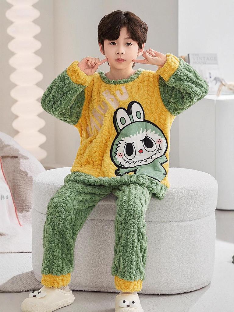 New Boys' Flannel Pajama Set - Warm Autumn/Winter Coral Fleece