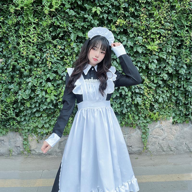 Anime langes Dienstmädchen-Outfit schwarz-weiß klassischer Stil Dienstmädchen langes Kleid Uniform niedliches Alltagskleid