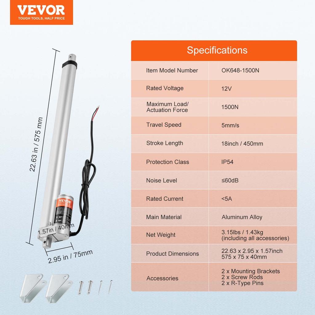 VEVOR Linear Actuator 12V 45.7 Cm High Load 149.7 kg/1500N 0.5 Cm/s IP54 Protection