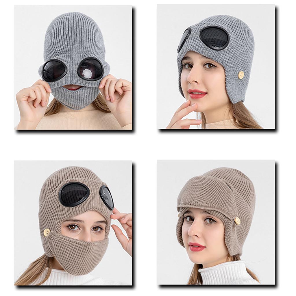 Damenbrille mit Brille, samtige Strickmütze aus warmer Wolle und Gesichtsschutz