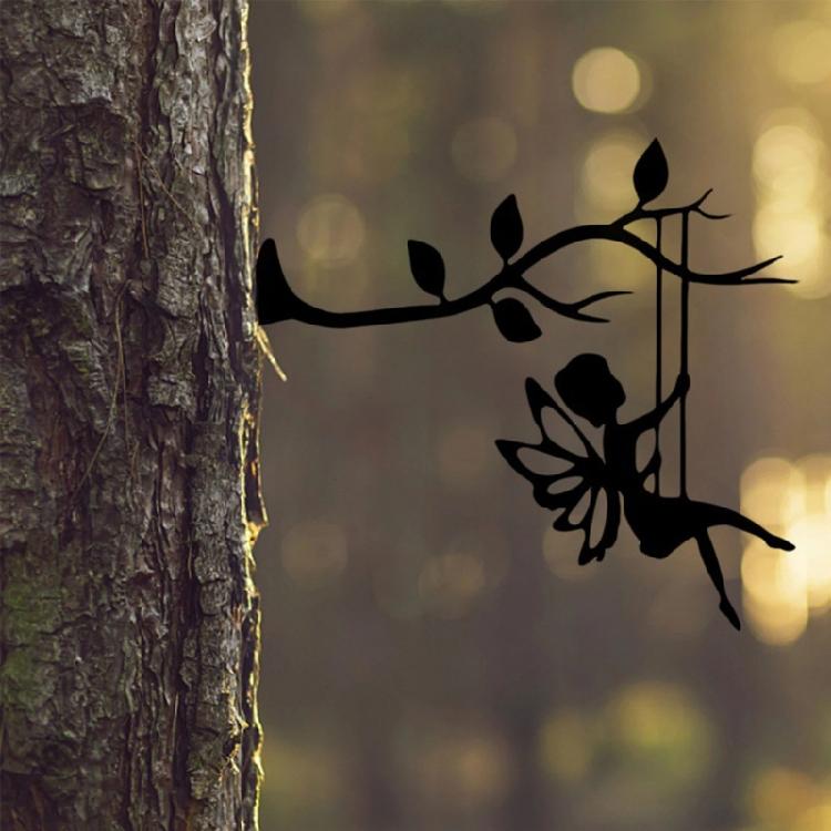 Metal Art Silhouette Tree Hanging Swinging Fairy Indoor Outdoor Home Garden
