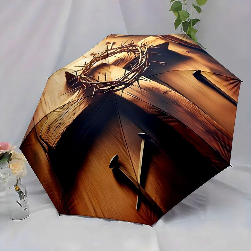 Open/Close Portable Folding Umbrella with 8-Rib Sturdy Canopy & Religious Icon Design (Wooden Cross & Crown of Thorns) - Compa