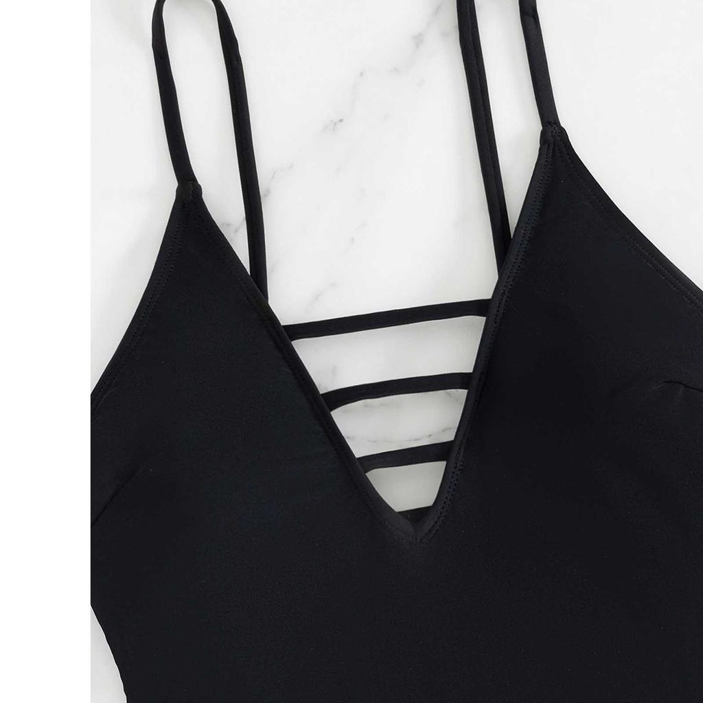 Women One Piece Swimsuit Strappy V Neck Monokini Bathing Suit with Mesh Panel Adjustable Spaghetti Straps Swimwear