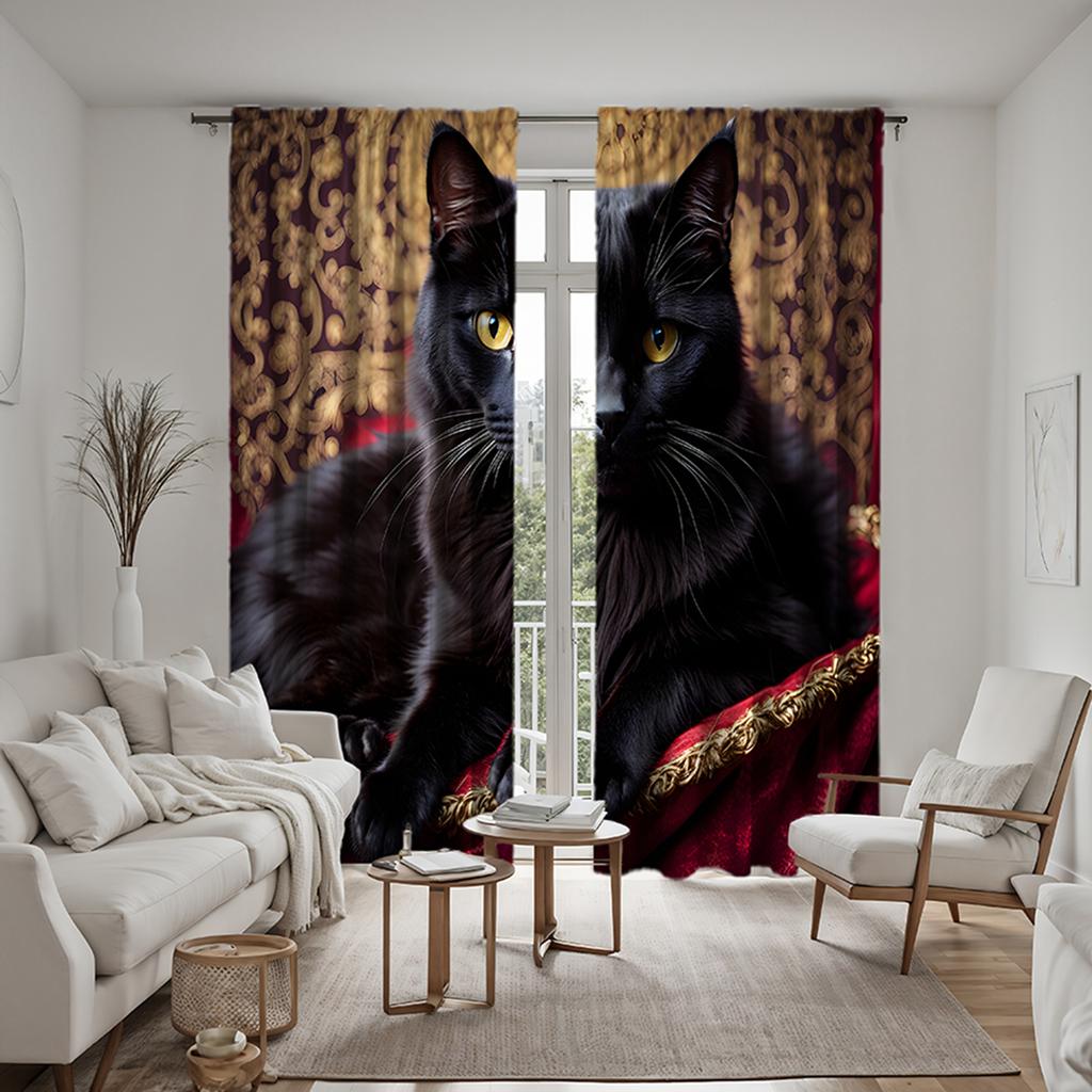 2 st set HD soffa på svart katt dekorativ gardin Svart slips digitaltryckt gardin heminredningsstil dekoration vardagsrum ro