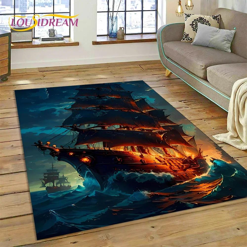 Ancient Pirate Ship Boat,Barque,Sailboa Carpet Rug for Bedroom Living Room Home Sofa Decoration,Child Game Large Decor Floor Mat