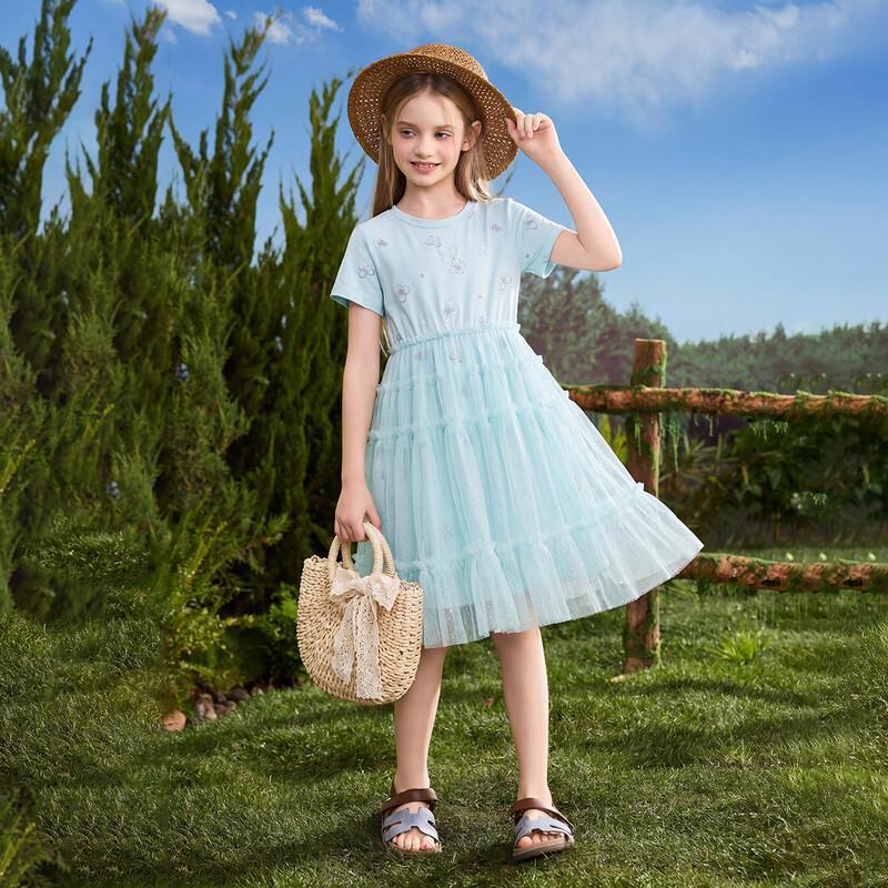 ASK JUNIOR Girls' Short-Sleeve Mesh Patchwork Princess Dress
