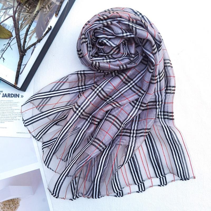New Checkered Silk Scarf for Women, Solid Color Sunscreen Shawl Gold Thread Mulberry Silk Scarf for Women