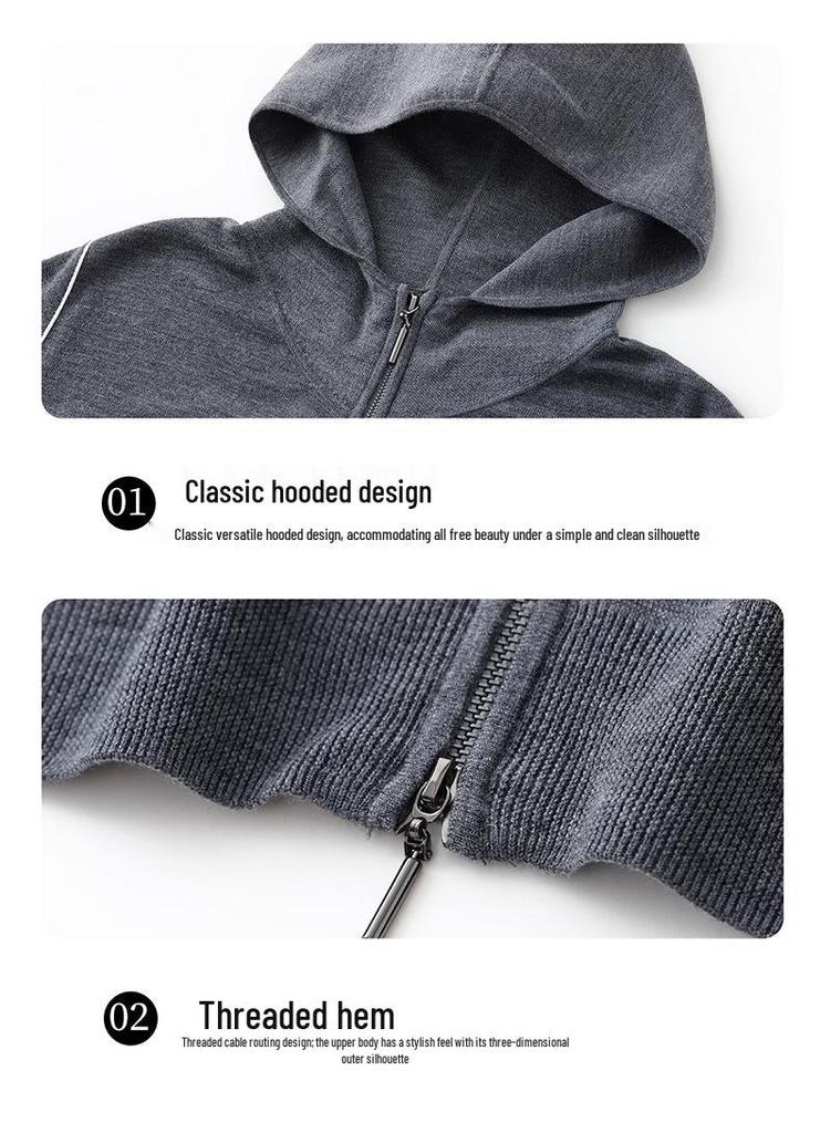 2026 Spring/Summer Women's Fine Wool Hooded Knit Cardigan - Solid Color, Double Zipper Design.