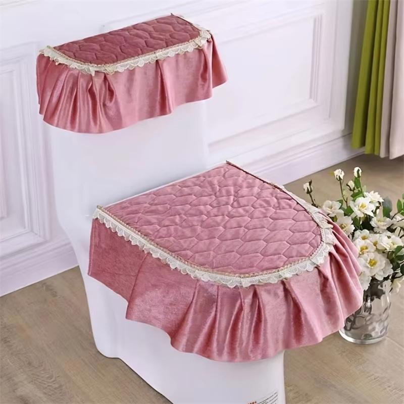 

3 Pieces/set Lace Hem Toilet Mat Three-piece Set Four Seasons Universal Dust-proof Toilet Cover Zippered Toilet Ring Covers