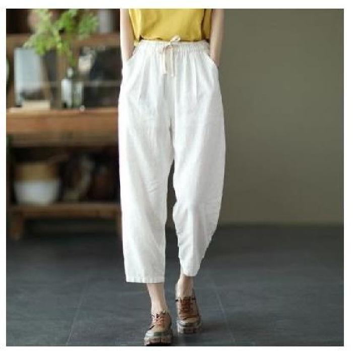 Solid Color Cotton and Linen Pants for Woman Vintage Loose Streetwear Harem Trousers Female Casual High Waist Drawstring Pants