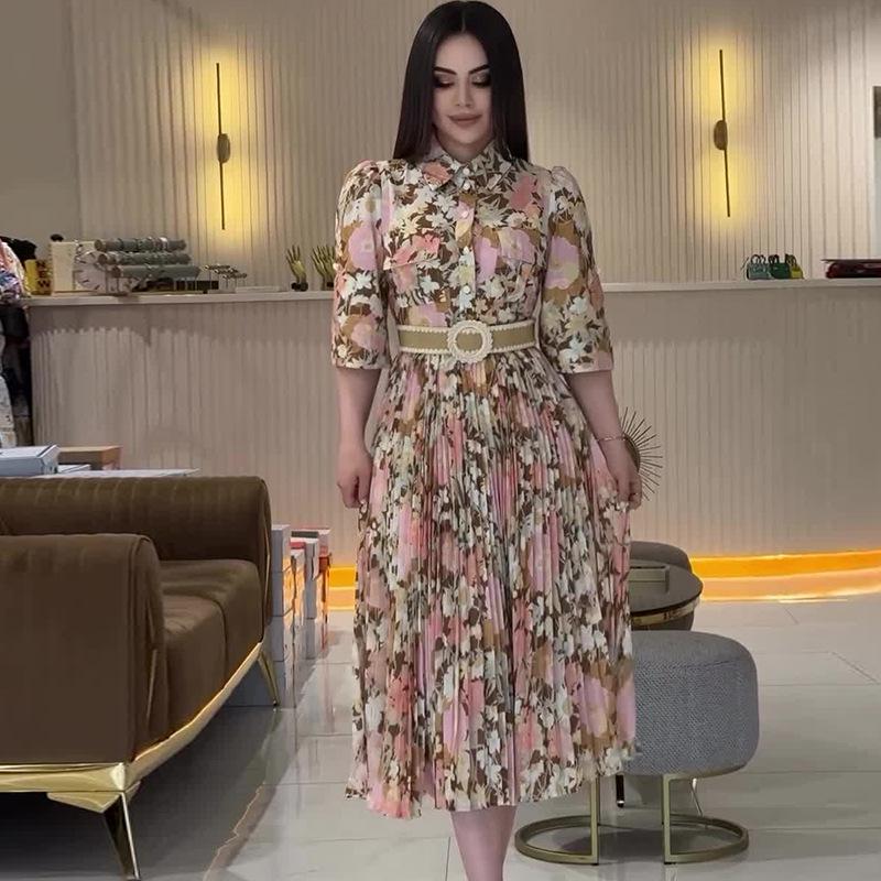 2024 Autumn Bohemian Print Turn-Down Collar Dress