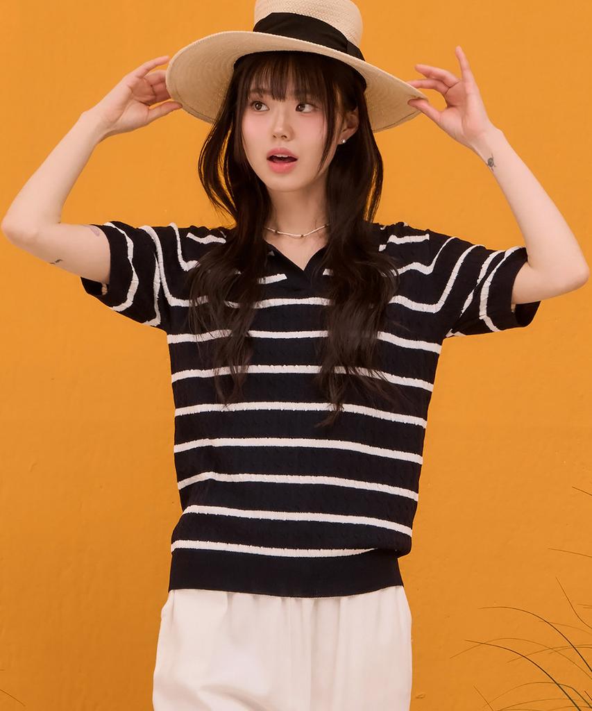 CHASECULT Women'S Striped Open Collar Short Sleeve Sweater - Navy