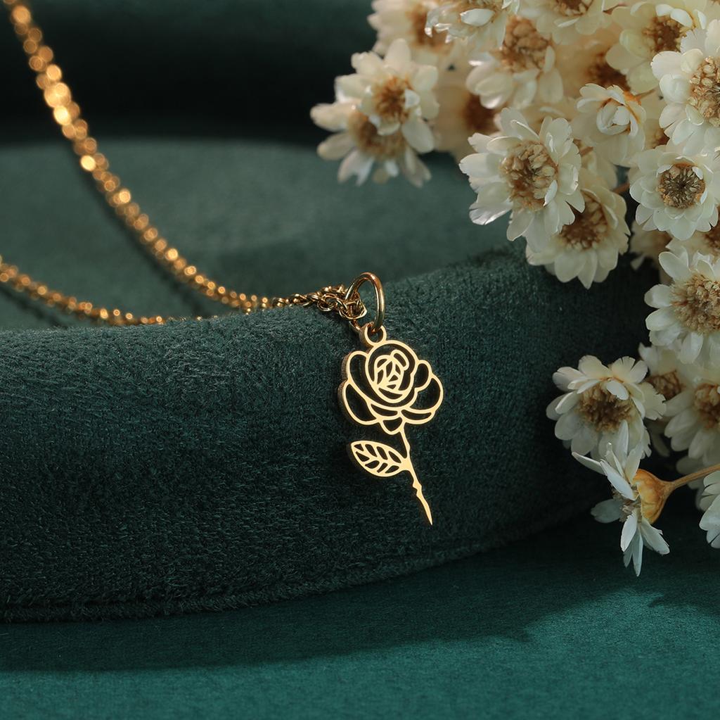 Kinitial Birth Flower Necklaces For Women Girls Stainless Steel 12 Month Flower Necklaces Birthday Jewelry Gift