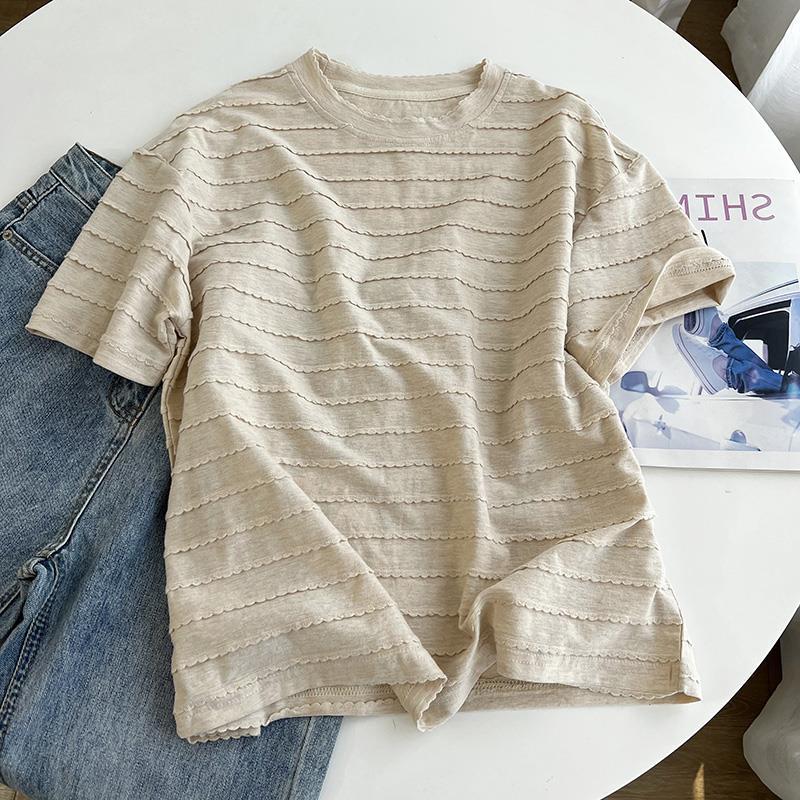 Chic Lace Round Neck Short-Sleeve Women's T-Shirt - 2025 Summer Collection, Loose Fit