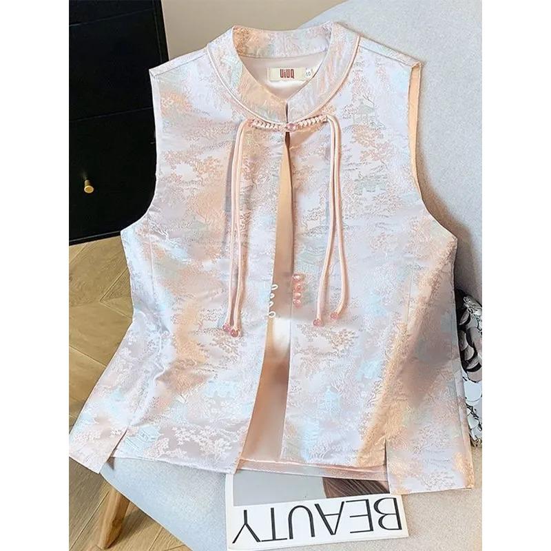 

Женский жилет в китайском стиле, без рукавов, жаккардовый, с воротником-мандарин, на завязках спереди, винтажный жилет S бежевый