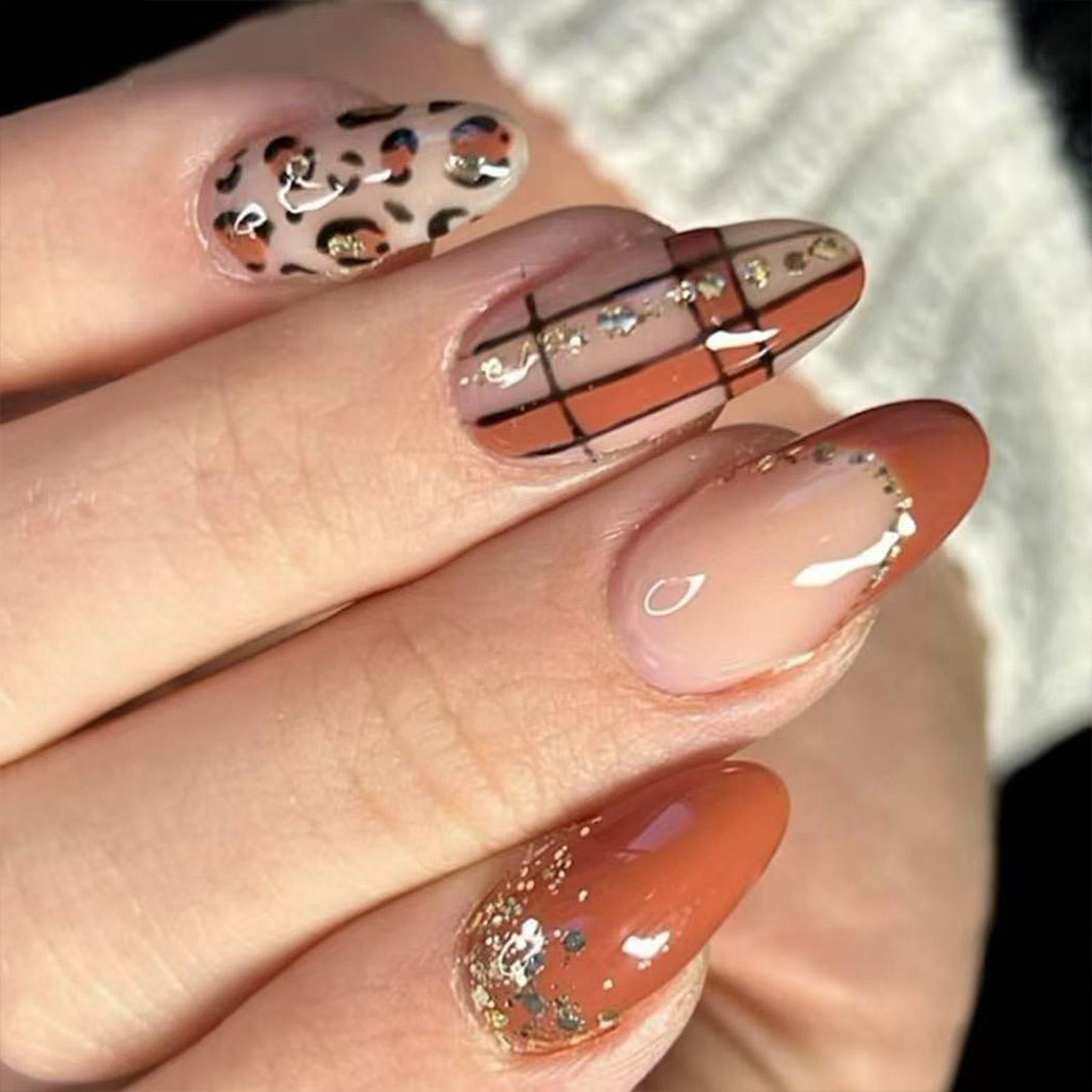

Autumn Winter Fashion French Leopard Glitter Press On Nails Medium Length Shiny Drip Design 24Pieces