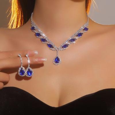 European and American Cross-border, Luxury Flash Diamond Super Beautiful Necklace Earring Set, Bridal Jewelry, Blue Water Drop Pendant Earrings.