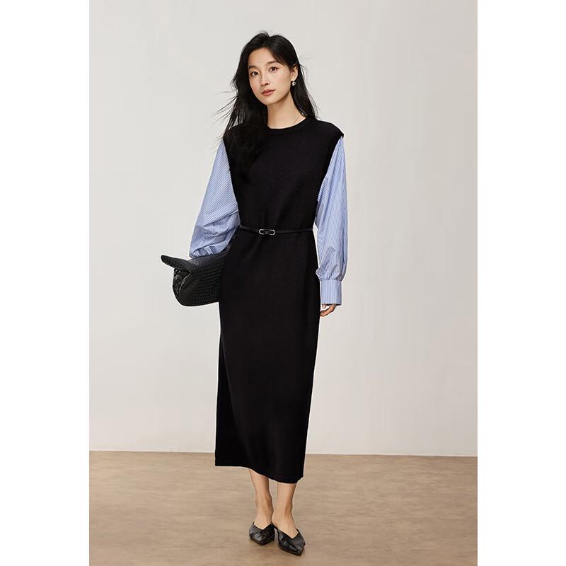 

VICTORIA&VERA Women s Faux Two-Piece Slit Midi Shirt Dress S