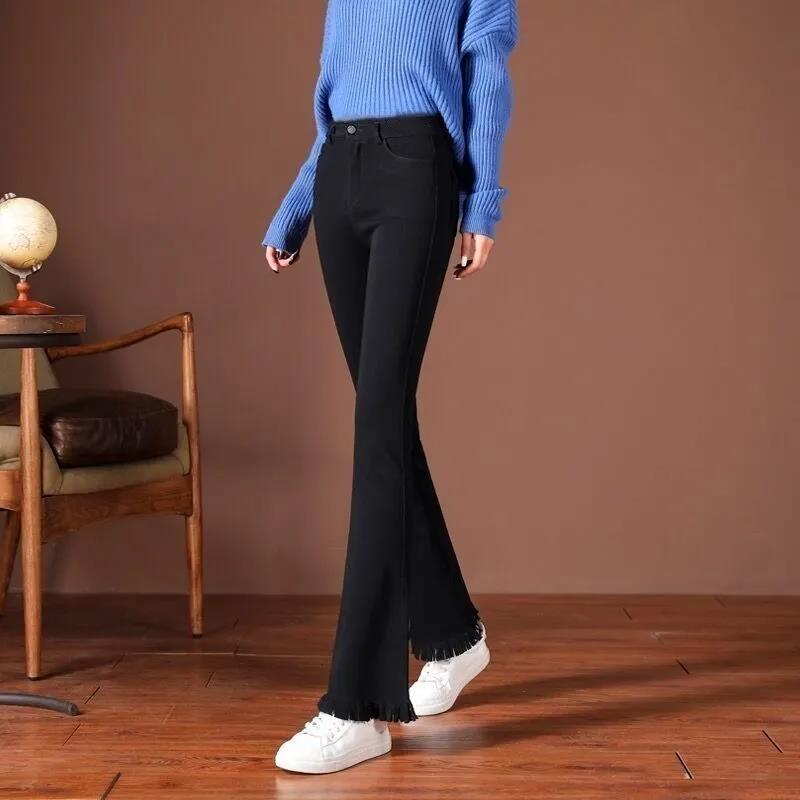 Damen Mikrohose Hose Hohe Taille Frühling und Herbst Übergröße Stretchjeans Neunpunkt Drapierung Schlaghose