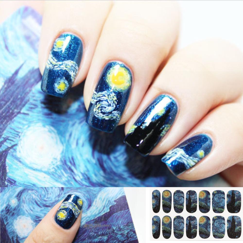 Van Gogh Starry Sky Nail Stickers - Glitter & Full Coverage, Culturally Creative Design from China