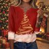 Women's Fashion Casual Christmas Print V-Neck Button Three-Quarter Sleeve T-Shirt Blouse
