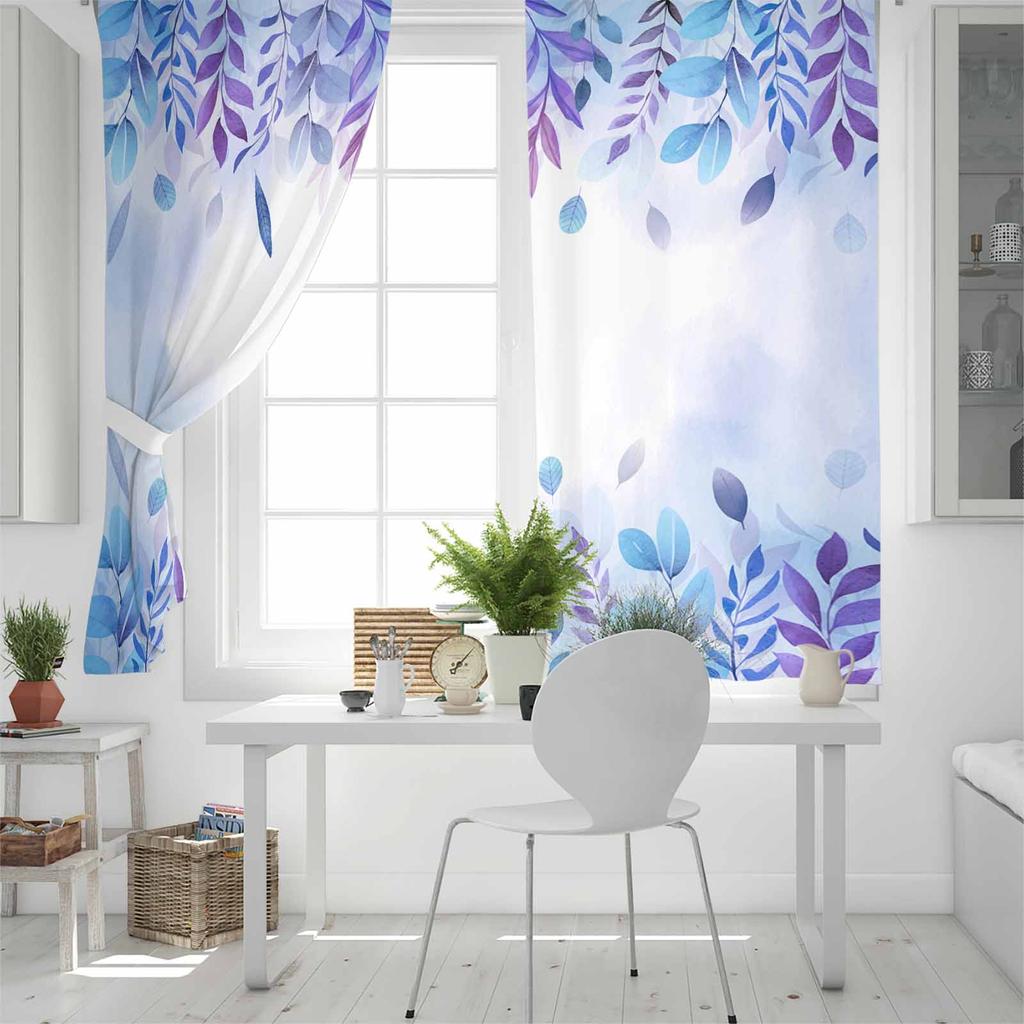 Roślinne Opady Liści Niebieski Fioletowy Akwarela Barwione Wiejskie Zasłony Zaciemniające Do Salonu Sypialni Dekoracja Okna Żaluzje Draperie