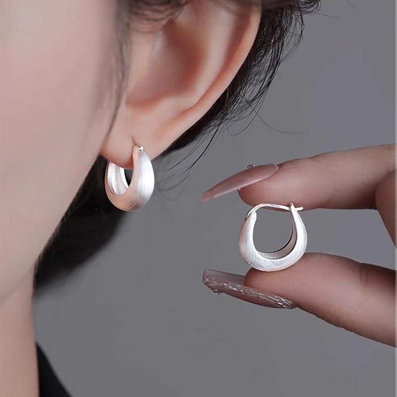 New 925 Silver Hoop Earrings Clip Matte Circle Geometric Punk For Women Girl Gift Jewelry