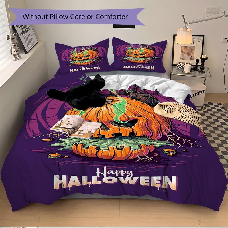 3pcs Spooky Halloween Pumpkin Bedding Set - 1 Soft Quilt Cover + 2 Pillowcases, Machine Washable - Suitable for All Seasons, Perfect Gift Fo