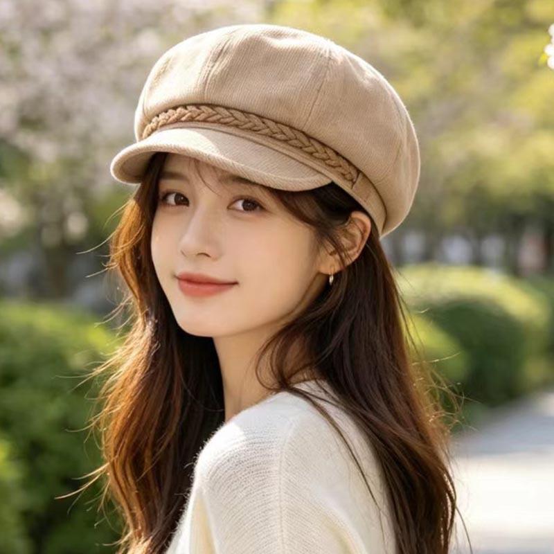 Retro Corduroy Octagonal Hat Women's Autumn and Winter Braided Newsboy Hat Showing Face Small Versatile Painter Hat