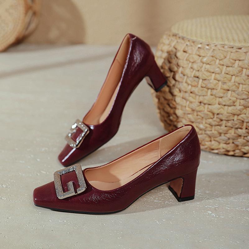 Medium heel shallow mouth single shoes women's new large size women's shoes burgundy square head high heels thick heel