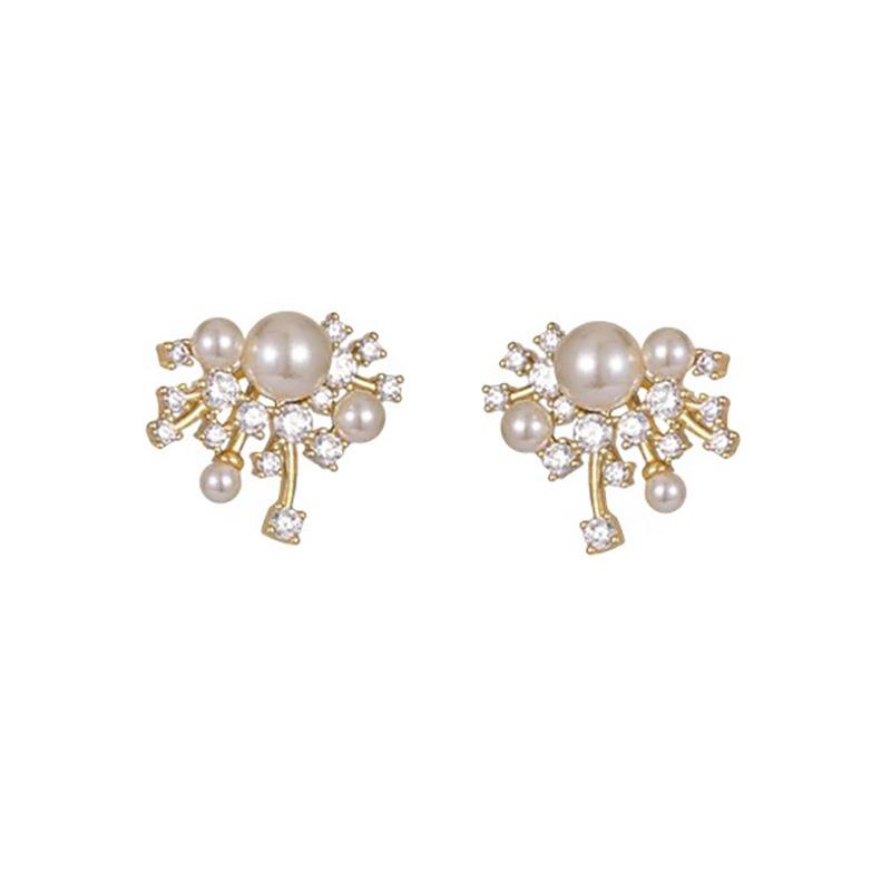 French Light Luxury Fashion Versatile Diamond-encrusted Pearl Fireworks Earrings Stud Earrings S Silver Needle Temperament High-end Earrings Women