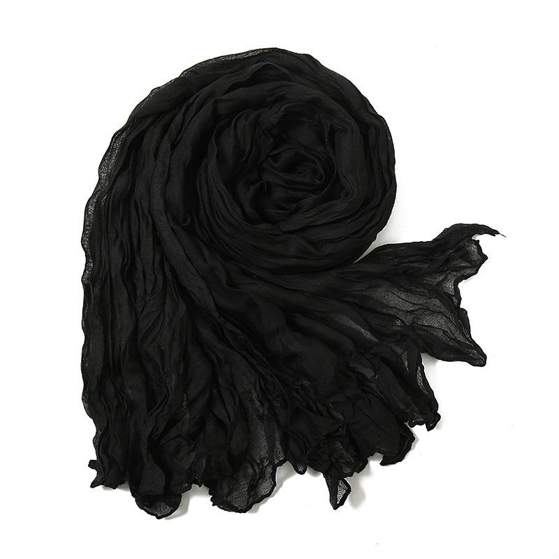 Solid Color Crinkle Cotton Linen Scarf New Warm Silk Pleated Green Retro Thin Long Strip Shawl Men And Women'S