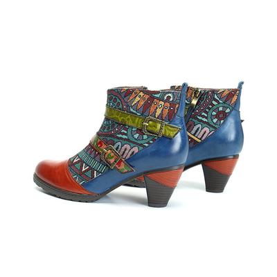 Couro genuíno retalhos salto alto retro em relevo pintados à mão bombas versáteis sapatos femininos