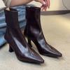 Cowhide version~ High heel pointed short boots French thin heel elastic boots women's versatile soft leather zipper leather thin boots