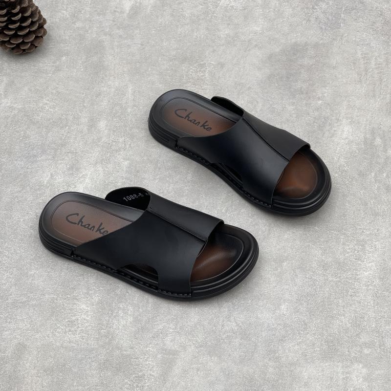 

Летняя мужская обувь из натуральной кожи, простые и дышащие шлепанцы для улицы, повседневная обувь на мягкой подошве из мягкой коровьей кожи 38 чёрный