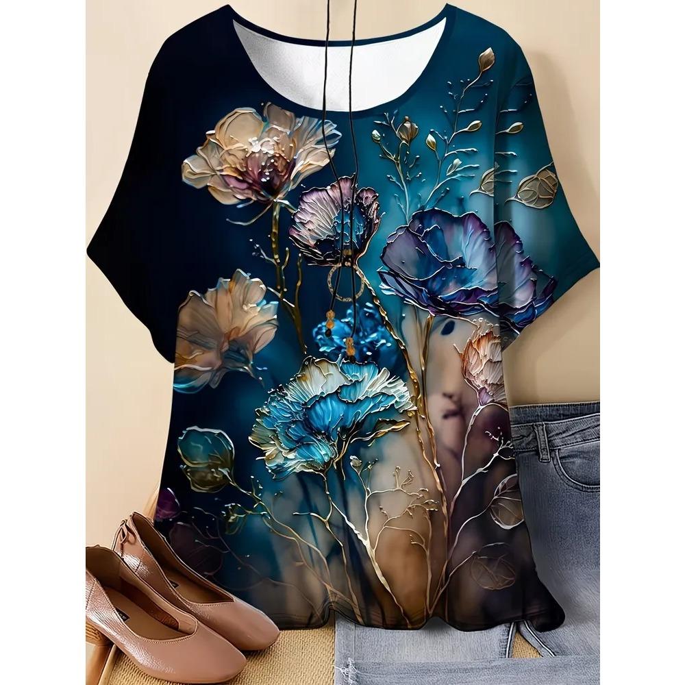 Sommer Damen 3D-Druck Rundhals T-Shirt Mode Vielseitig Atmungsaktiv Trend Lässig