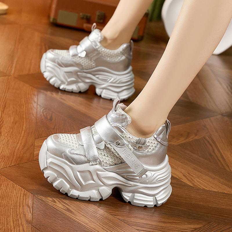 Thick-soled Dad Shoes Women's 2025 Spring New Rhinestone Velcro Inner Height-increasing Women's Shoes Versatile Sports and Leisure Shoes