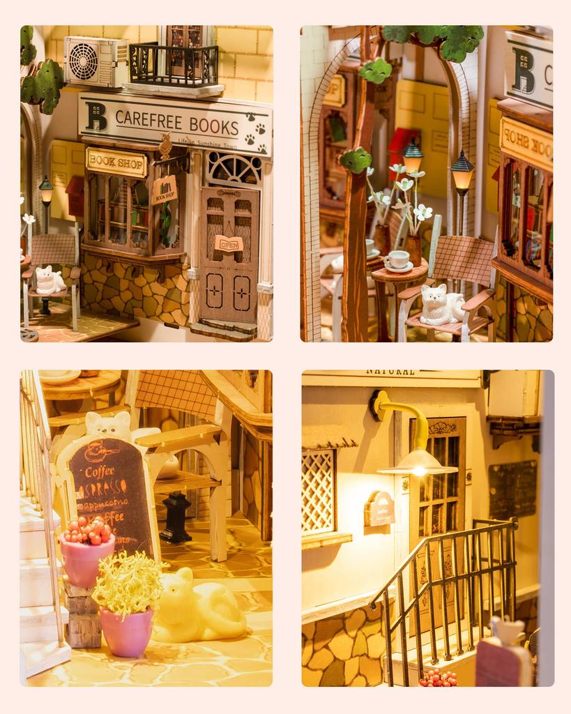 Robotime 3D Wooden Puzzle DIY Wooden Book Nook Kit with Book Stand and LED Light, Miniature House Kit, Christmas Birthday Gift (Sunshine Town)