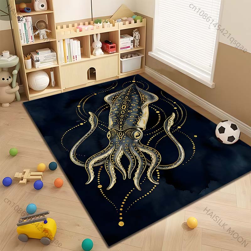 1PC Squid Illustration with Gold Patterns Carpet for Living Room Bedroom Sofa Home Decor Rug Non-slip Floor Mat Luxury Gift