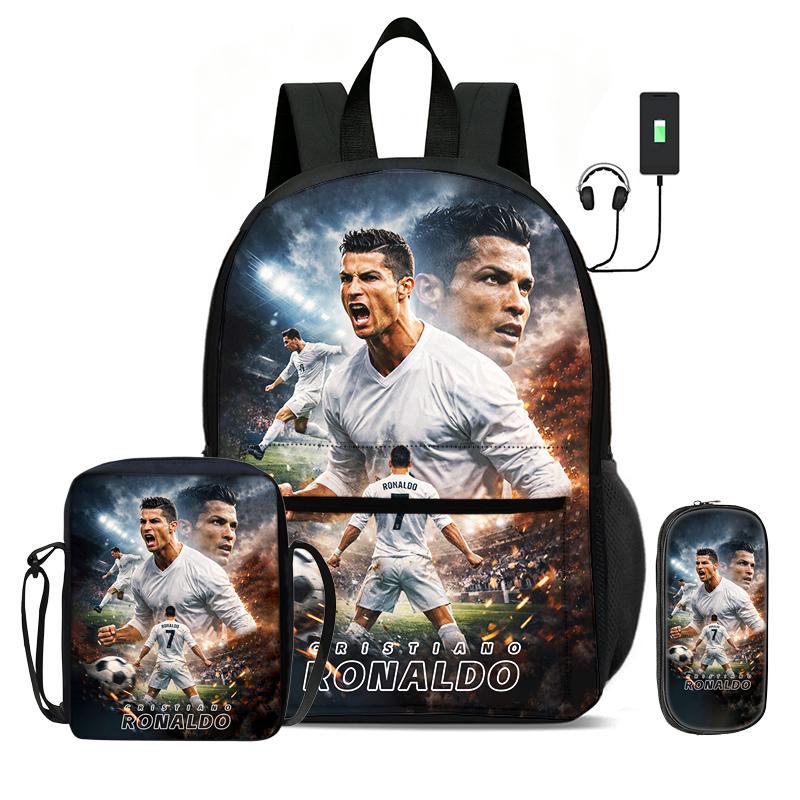 Learn, Travel Football Sport Rucksack Ronaldo 3 Pcs Set Kids Backpack Shoulder Bag, Pencil Bag, Football Star Knapsack