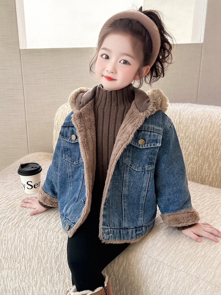 Girls' Fleece-Lined Denim Jacket - Warm Korean Style Autumn/Winter Cotton-Padded Top for Little Girls