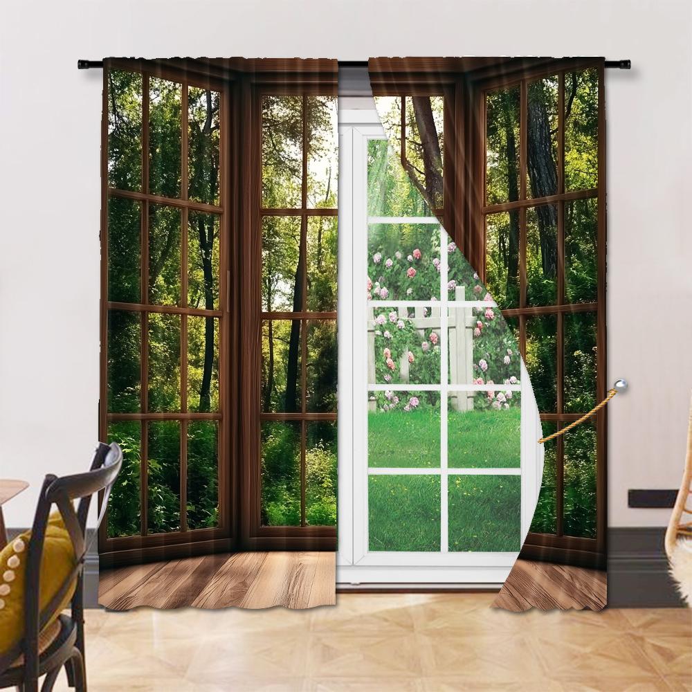 2Pcs Forest Scenery Printed Window Curtains Rod Pocket Decorative Window Drapes Window Treatments For Bedroom Living Room Home