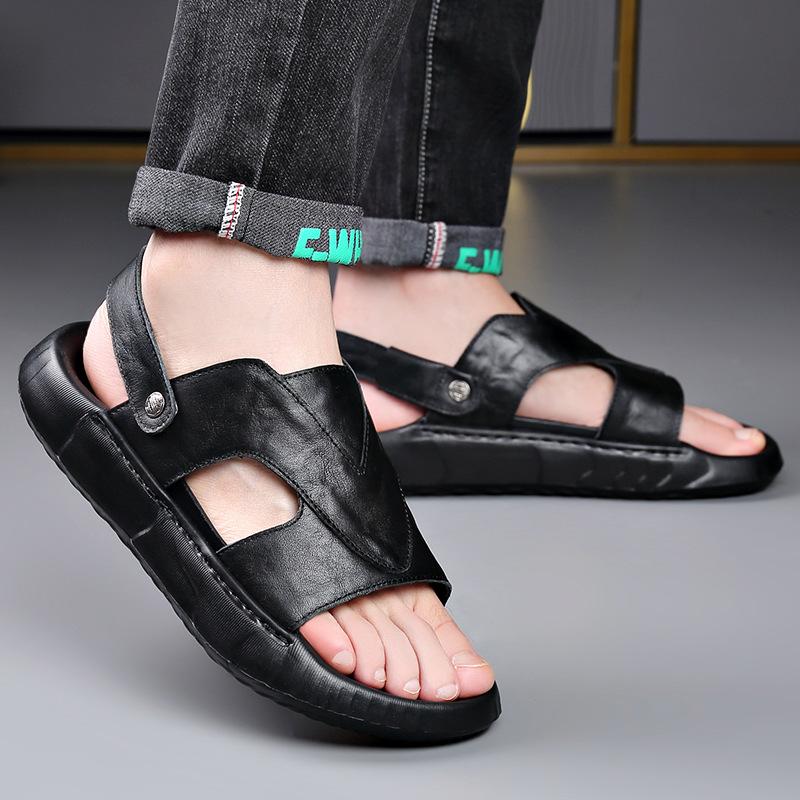 Fashion Genuine Leather Sandals for Men 2005 Summer New Designer Dual-use Black Slipper Shoes Male Fashion Casual Light Beach Shoes Man