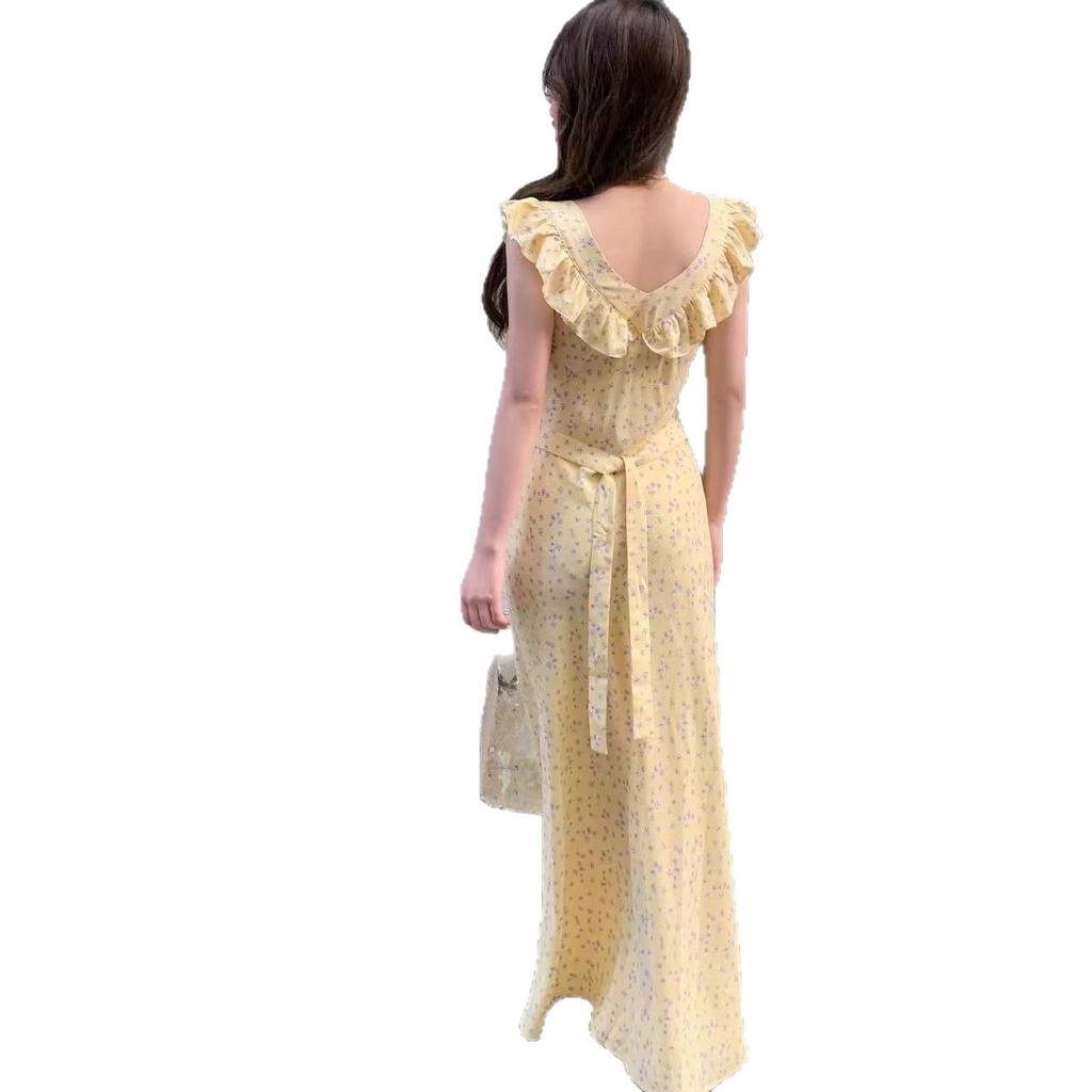 French Retro Floral Dress Medium and Long Temperament Holiday Square Neck Ruffle Edge Skirt Children's Summer New Long Dress
