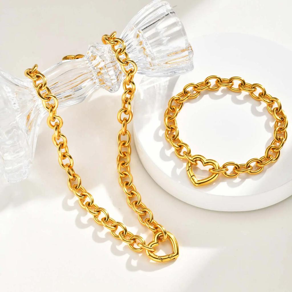Chunky Heart-Shaped Clasp Necklace for Women Stainless Steel Round Rolo Chain Necklaces High-Quality Jewelry Gift