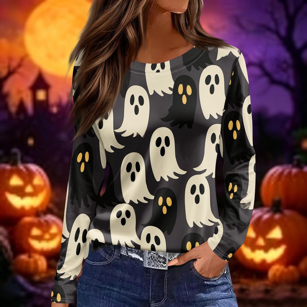 Women's Halloween Print Long Sleeve Round Neck Top with Hem Slits for Casual Fall Outings
