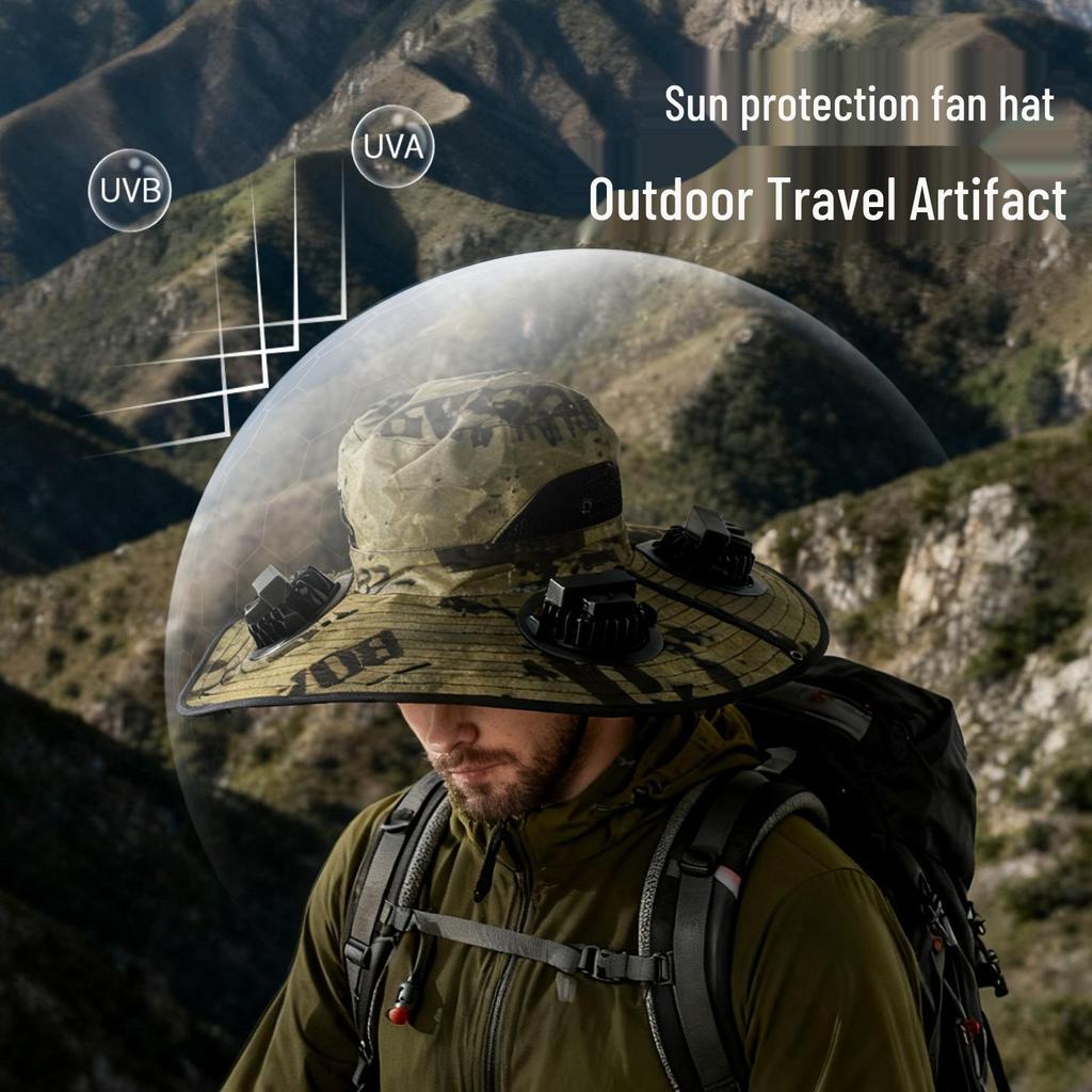Solar-Powered Wide Brim Fisherman Hat with Fan for Sun Protection, Rechargeable and Portable for Outdoor Travel