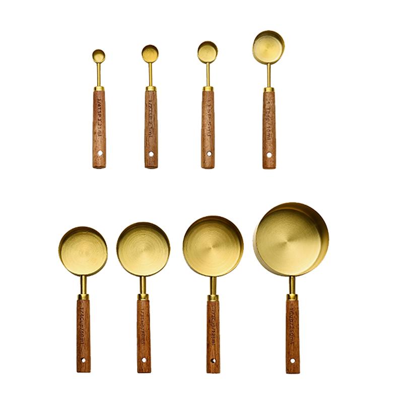 4/8Pcs Wooden Handle Stainless Steel Measuring Cups Spoons Baking Tools Coffee Measuring Spoon Set Bartending Scale Accessories